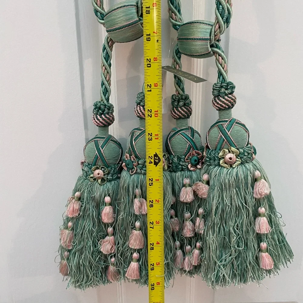 Houles Paris Gorgeous & Elegant Green & Pink Tassel Curtain Tiebacks NWT